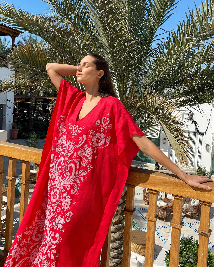 Red White Hand-Embroidered Cross-Stitch Linen Kaftan Maxi Dress