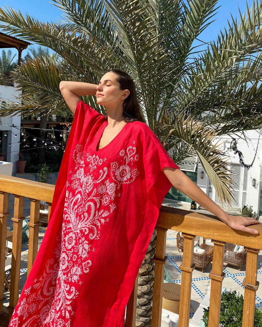 Scarlet Red Embroidered Linen Maxi Dress | ZALXNDRA