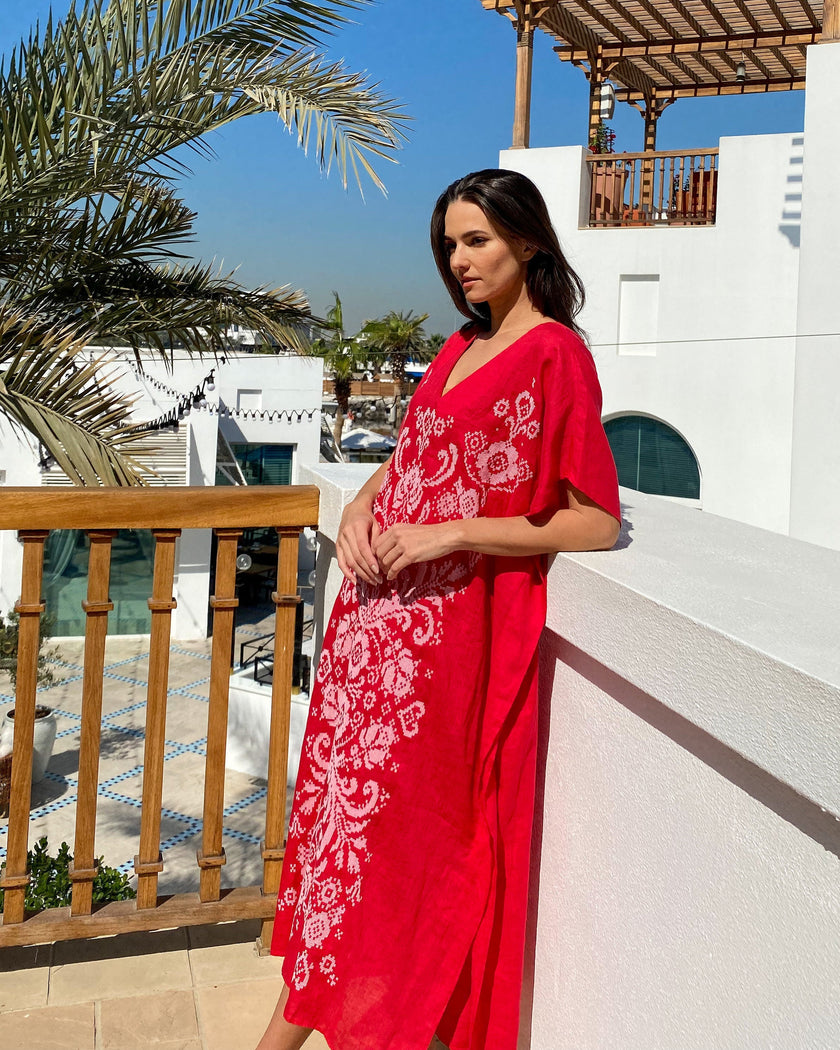 Scarlet Red Embroidered Linen Maxi Dress | ZALXNDRA