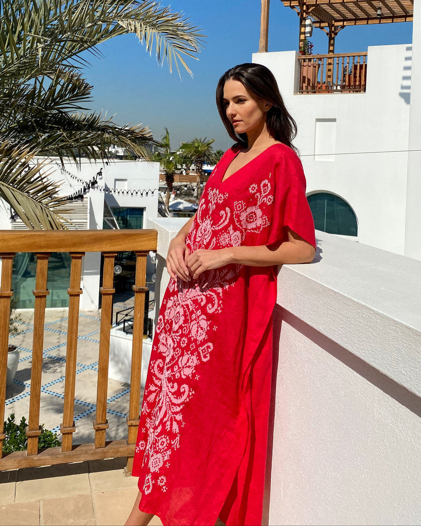 Red White Hand-Embroidered Cross-Stitch Linen Kaftan Maxi Dress