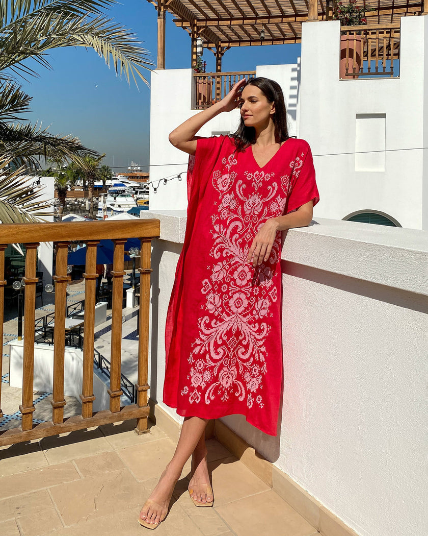 Scarlet Red Embroidered Linen Maxi Dress | ZALXNDRA