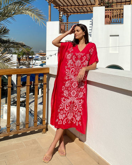Scarlet Red Embroidered Linen Maxi Dress | ZALXNDRA