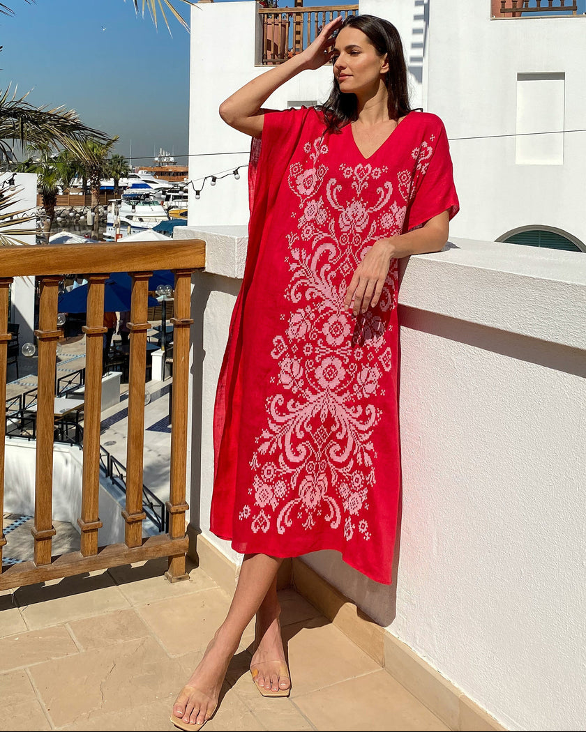 Red White Hand-Embroidered Cross-Stitch Linen Kaftan Maxi Dress