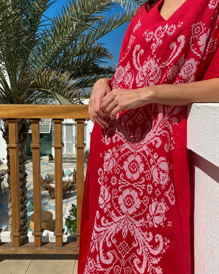 Red White Hand-Embroidered Cross-Stitch Linen Kaftan Maxi Dress