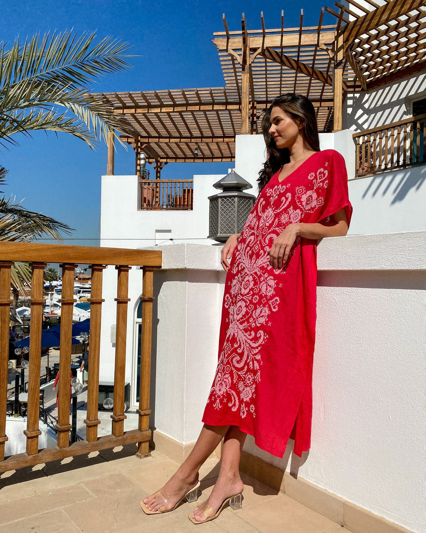 Scarlet Red Embroidered Linen Maxi Dress | ZALXNDRA