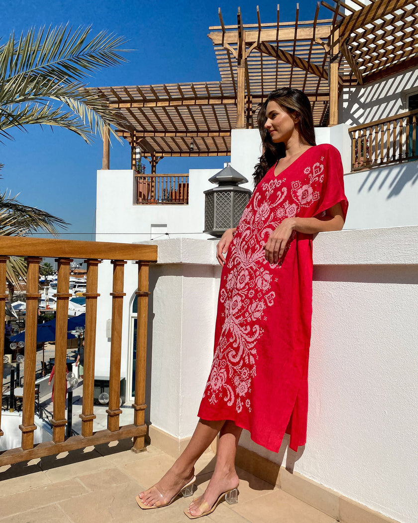 Red White Hand-Embroidered Cross-Stitch Linen Kaftan Maxi Dress