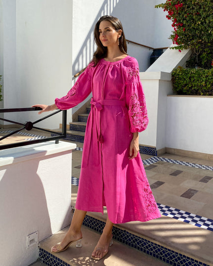 Fuchsia Embroidered Linen Maxi Dress – Balloon Sleeves | ZALXNDRA