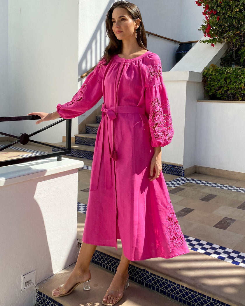 Fuchsia Hand-Cut Richelieu Embroidered Linen Kaftan Maxi Dress