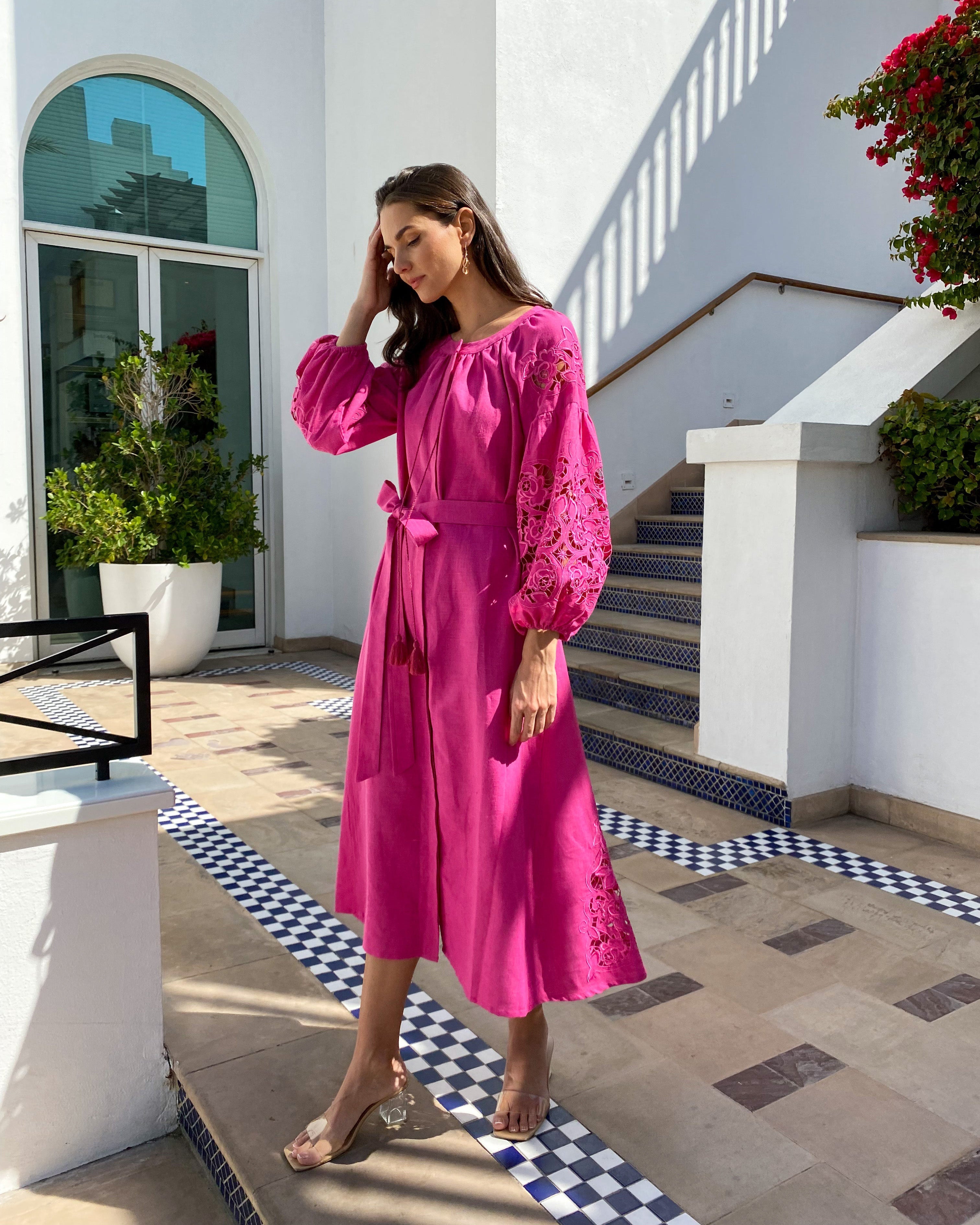Fuchsia Embroidered Linen Maxi Dress – Balloon Sleeves | ZALXNDRA