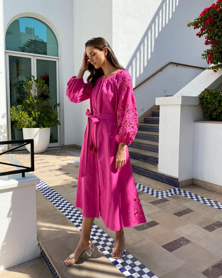 Fuchsia Hand Cut Embroidered Linen Maxi Dress | ZALXNDRA