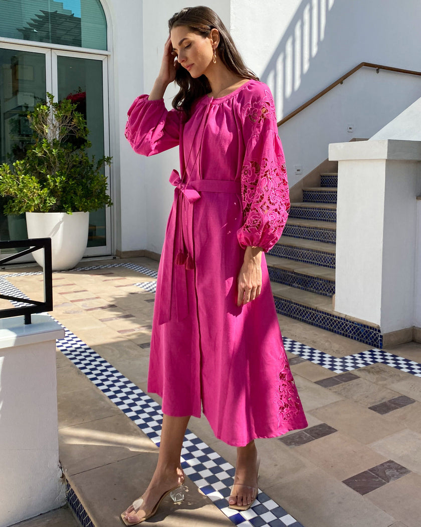 Fuchsia Hand-Cut Richelieu Embroidered Linen Kaftan Maxi Dress