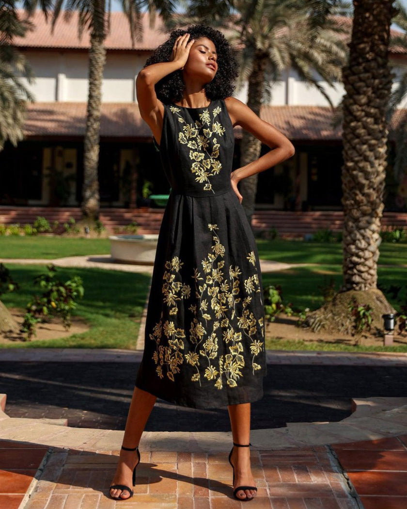 Black Embroidered Linen Dress | ZALXNDRA