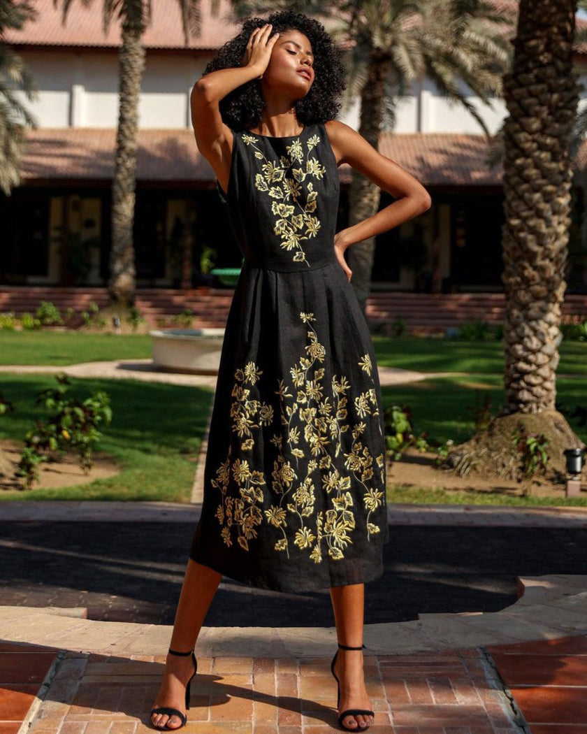 Black Gold Floral Embroidered Linen Midi Dress