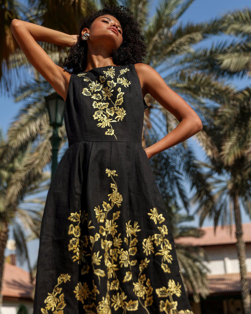 Black Gold Floral Embroidered Linen Midi Dress