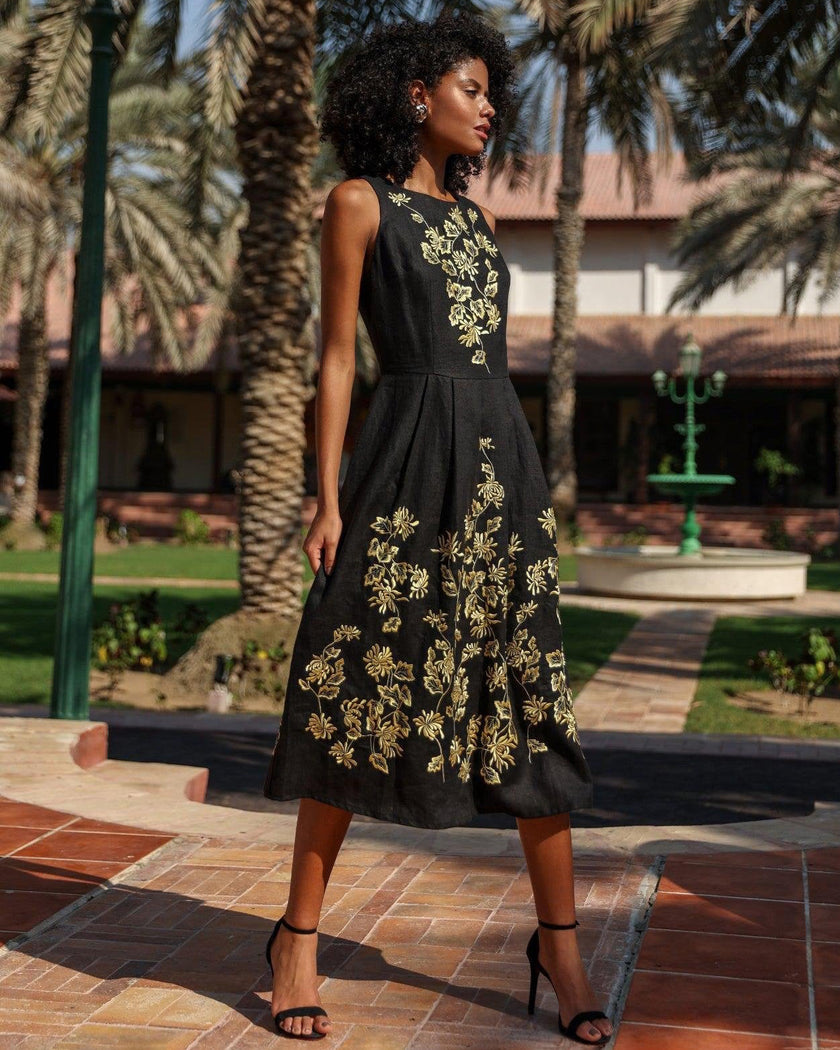 Black Gold Floral Embroidered Linen Midi Dress