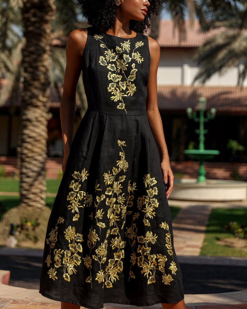 Black Gold Floral Embroidered Linen Midi Dress