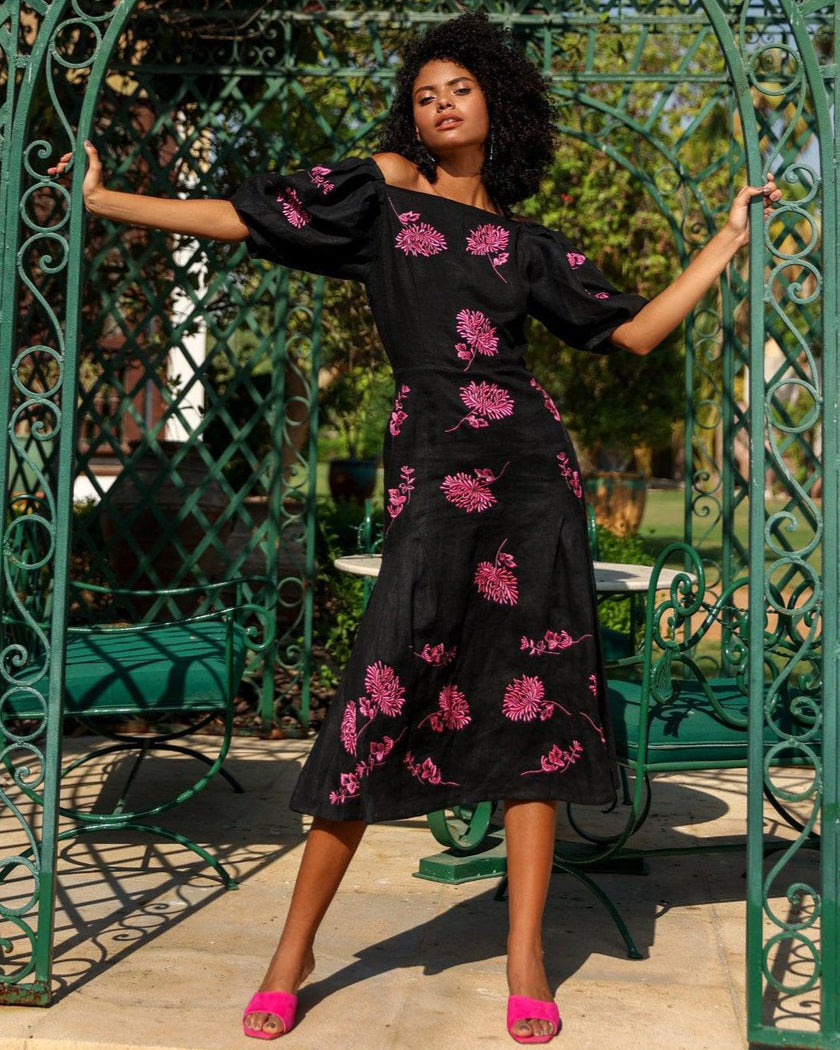 Black Pink Floral Embroidered Linen Midi Dress