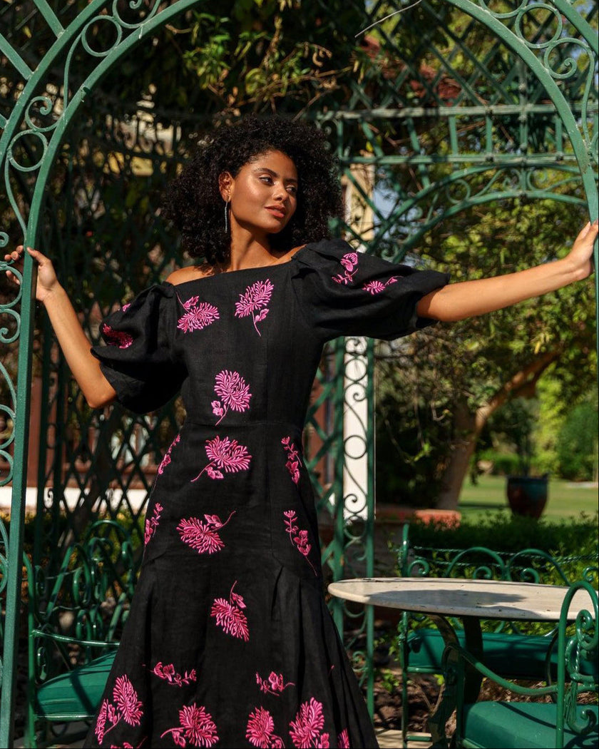 Black Pink Floral Embroidered Linen Midi Dress