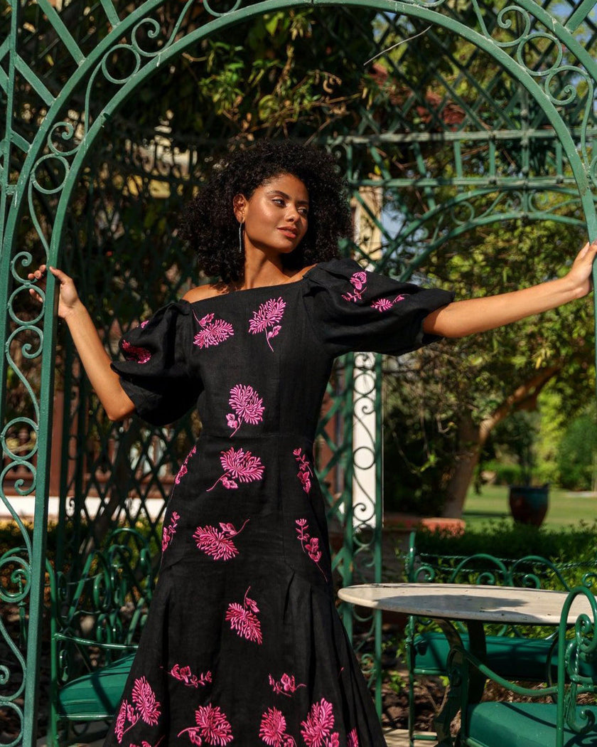 Black Embroidered Linen Dress | ZALXNDRA