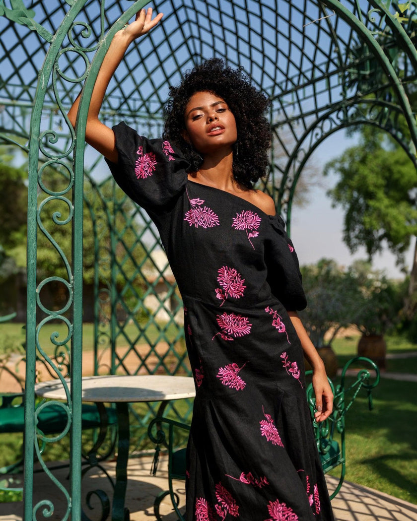 Black Pink Floral Embroidered Linen Midi Dress