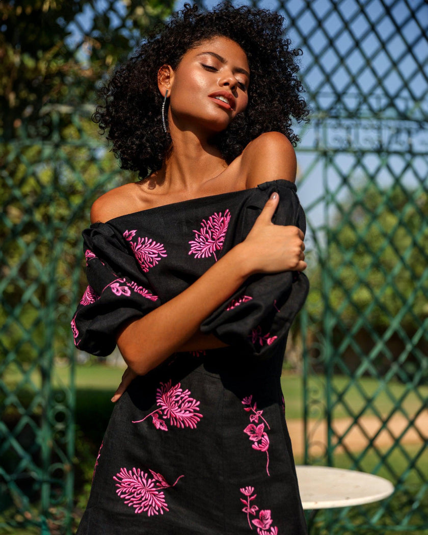 Black Embroidered Linen Dress | ZALXNDRA