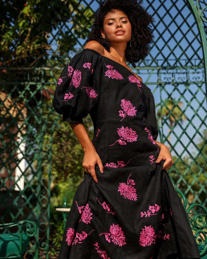 Black Pink Floral Embroidered Linen Midi Dress