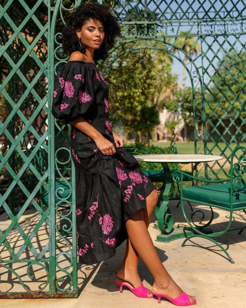 Black Pink Floral Embroidered Linen Midi Dress