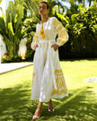 White Yellow Geometric Embroidered Linen Kaftan Maxi Dress