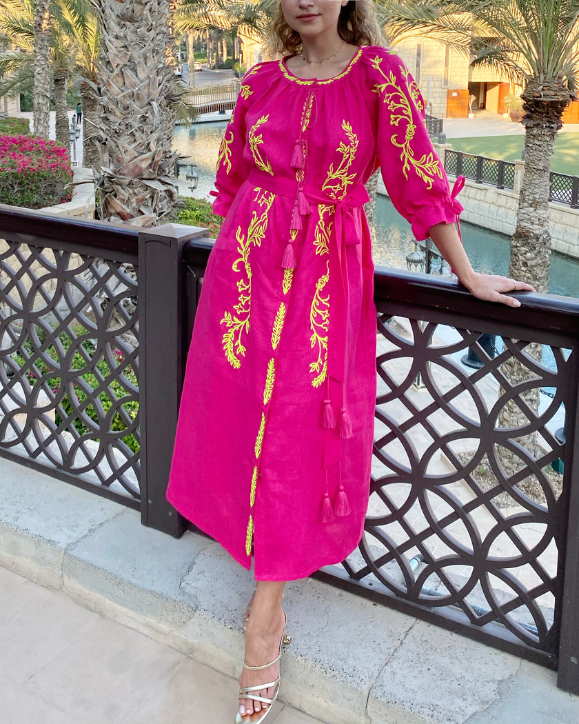 Fuchsia Yellow Floral Embroidered Linen Kaftan Midi Dress