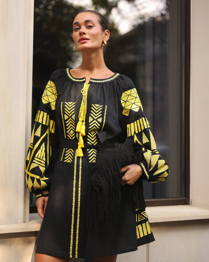 Black Embroidered Linen Mini Dress – Balloon Sleeves | ZALXNDRA
