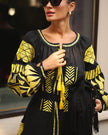 Mini-robe noire en lin brodé – Manches ballon | ZALXNDRA