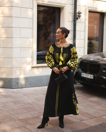 Black Embroidered Linen Maxi Dress – Balloon Sleeves | ZALXNDRA