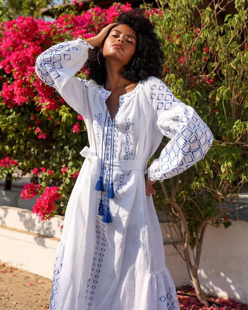 White Embroidered Linen Maxi Dress | ZALXNDRA
