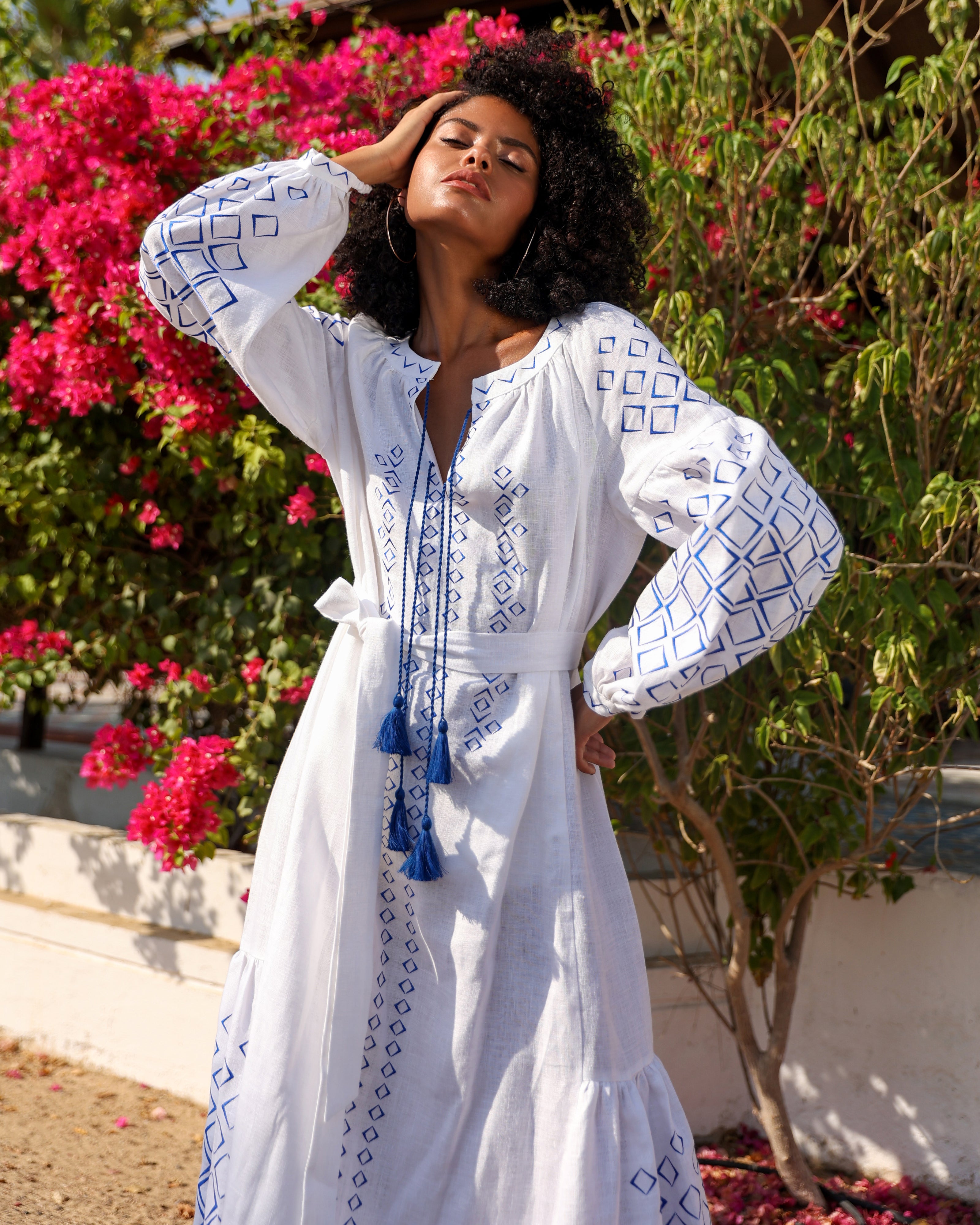 White Embroidered Linen Maxi Dress – Balloon Sleeves || ZALXNDRA