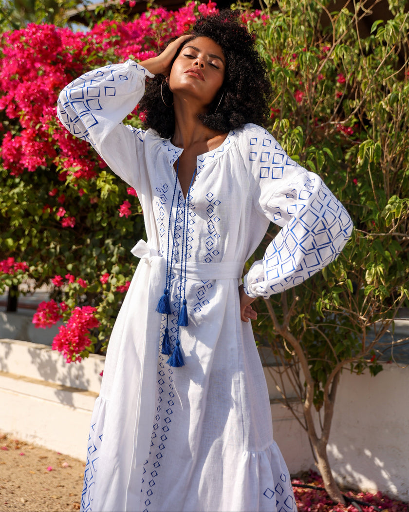 White Blue Geometric Embroidered Linen Kaftan Maxi Dress