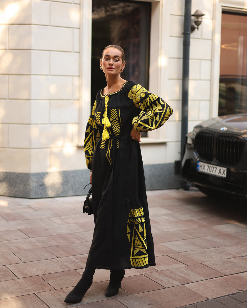 Black Embroidered Linen Maxi Dress | ZALXNDRA