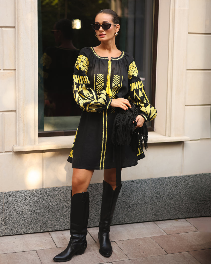 Black Embroidered Linen Mini Dress – Balloon Sleeves | ZALXNDRA