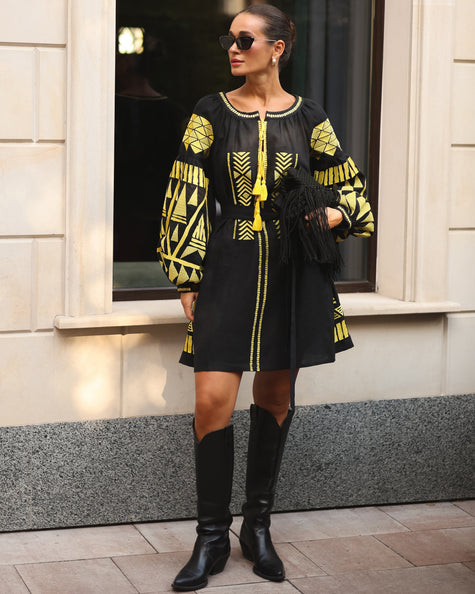 Black Yellow Geometric Embroidered Linen Mini Kaftan Dress