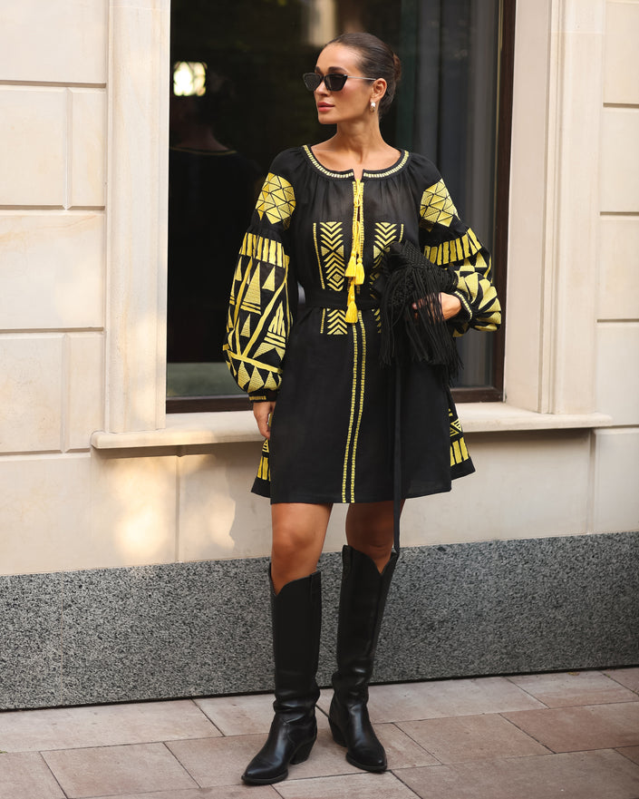 Black Embroidered Linen Mini Dress – Balloon Sleeves | ZALXNDRA