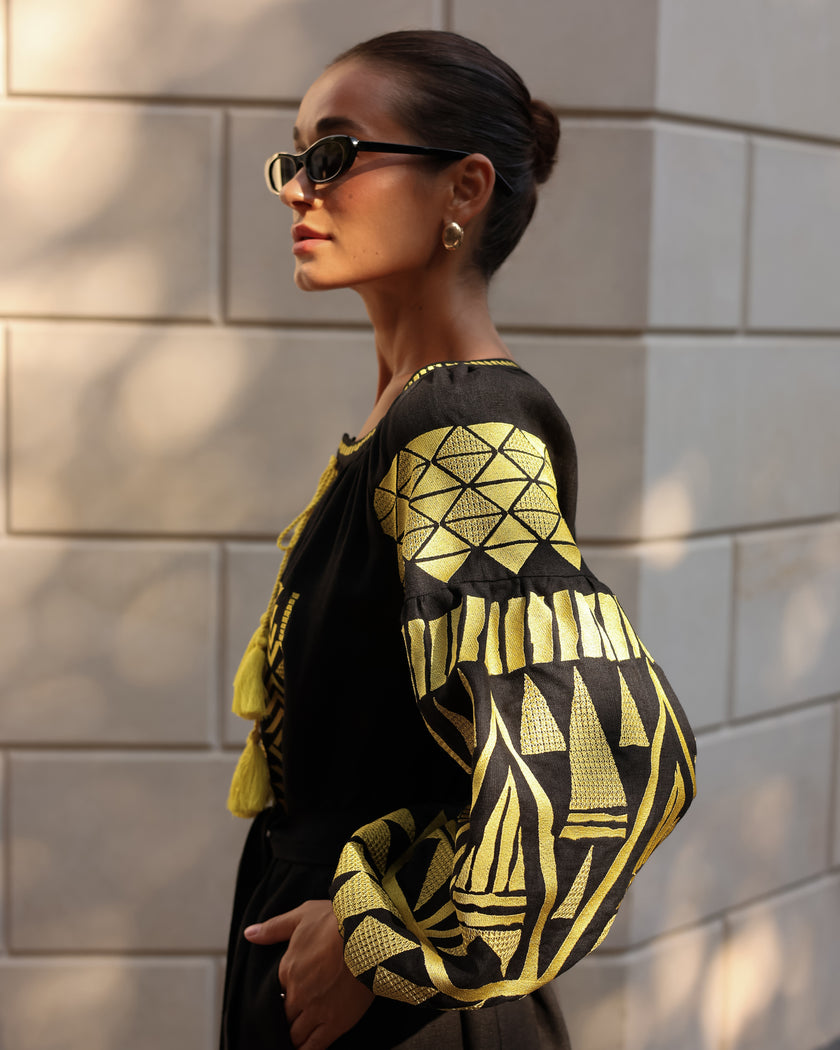 Black Embroidered Linen Maxi Dress | ZALXNDRA