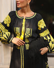 Mini-robe noire en lin brodé – Manches ballon | ZALXNDRA