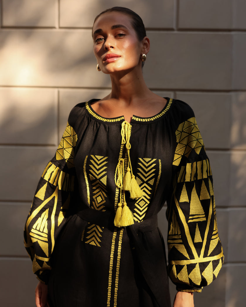 Black Embroidered Linen Maxi Dress | ZALXNDRA