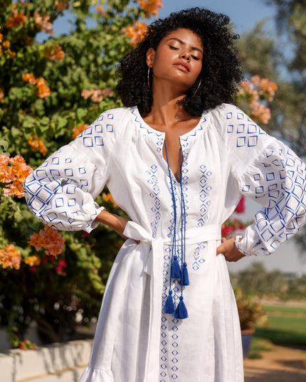 White Embroidered Linen Maxi Dress – Balloon Sleeves || ZALXNDRA