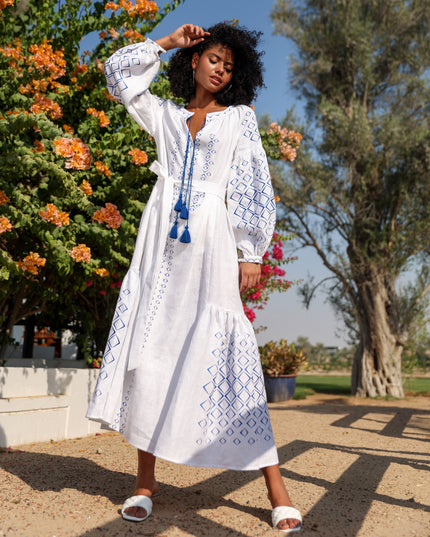 White Embroidered Linen Maxi Dress – Balloon Sleeves || ZALXNDRA