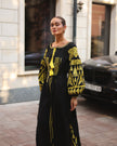Black Embroidered Linen Maxi Dress – Balloon Sleeves | ZALXNDRA