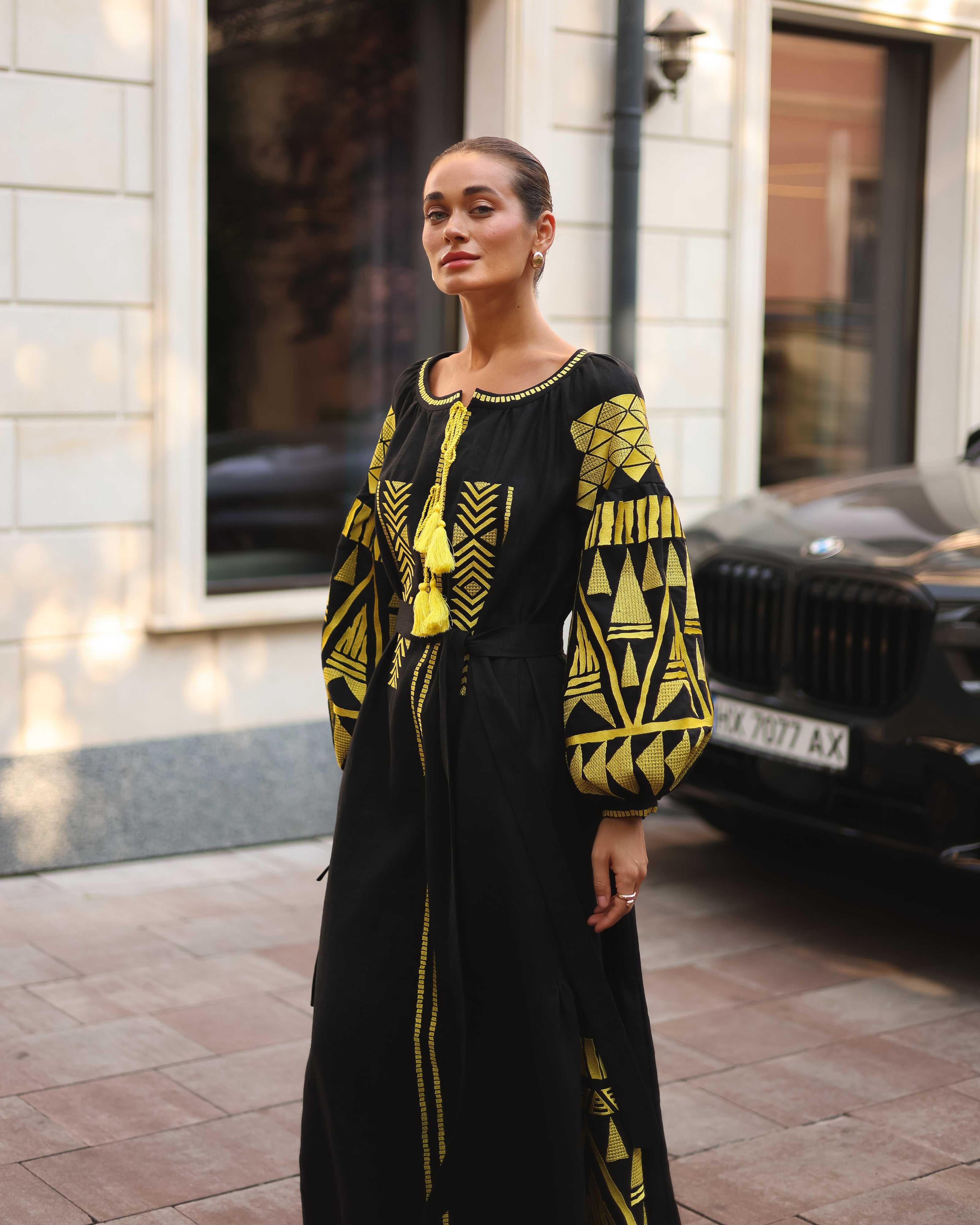 Black Embroidered Linen Maxi Dress – Balloon Sleeves | ZALXNDRA