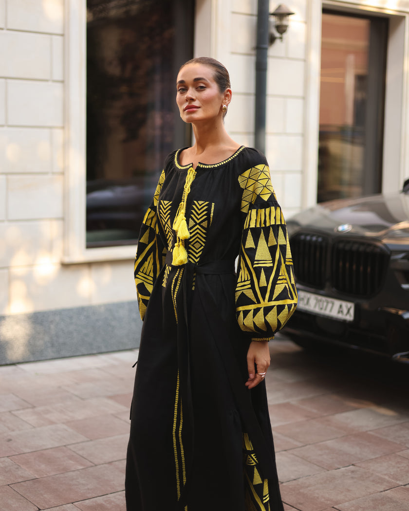Black Embroidered Linen Maxi Dress | ZALXNDRA