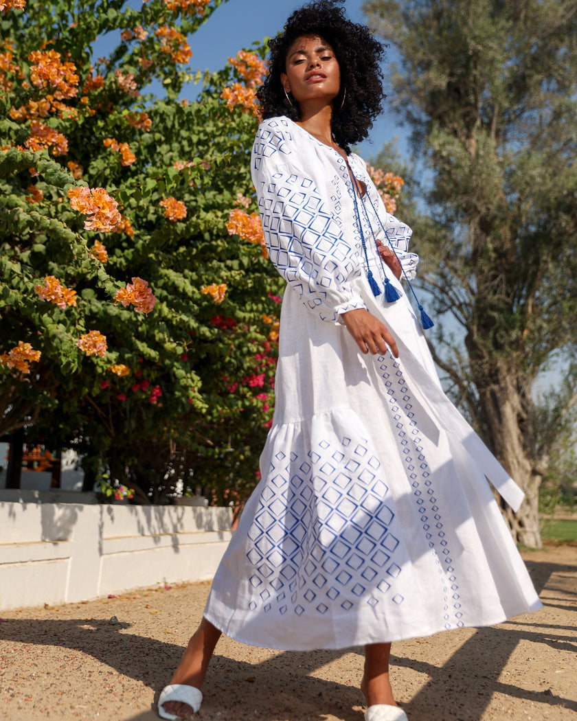 White Blue Geometric Embroidered Linen Kaftan Maxi Dress