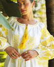 White Yellow Geometric Embroidered Linen Kaftan Maxi Dress
