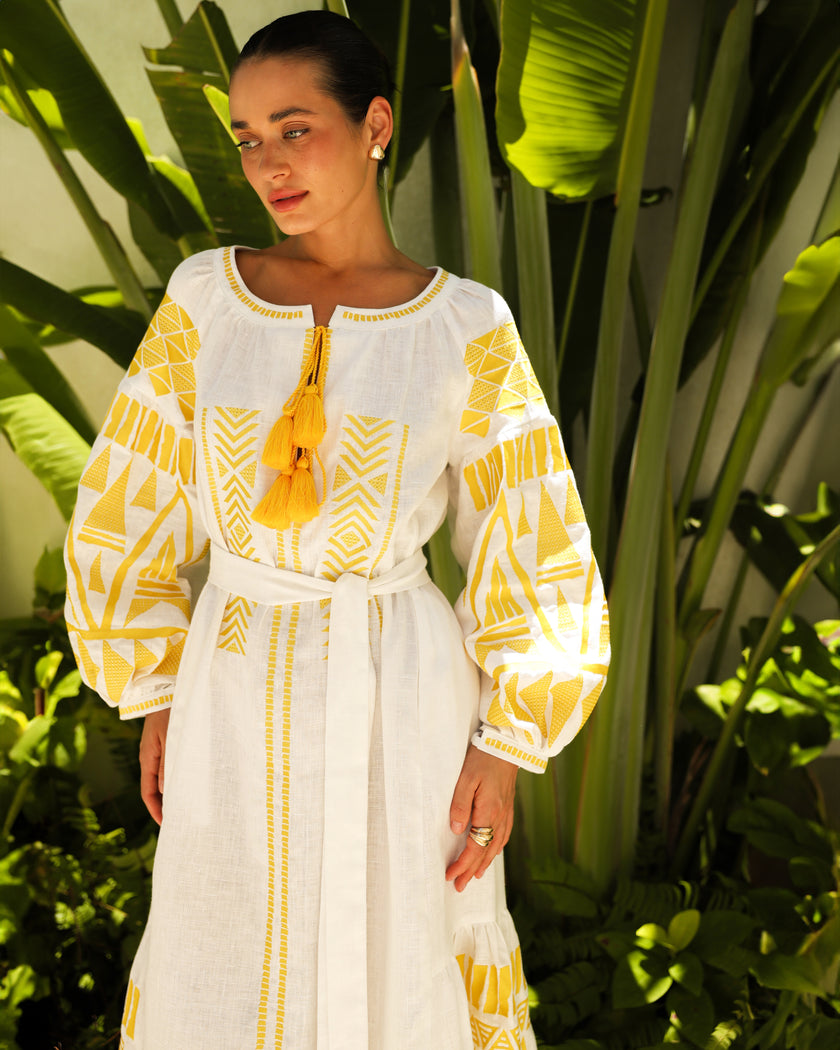 White Yellow Geometric Embroidered Linen Kaftan Maxi Dress